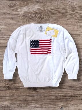 Stitches In Time American Flag Sweater White Patriotic Knit Crewneck USA Size 1X